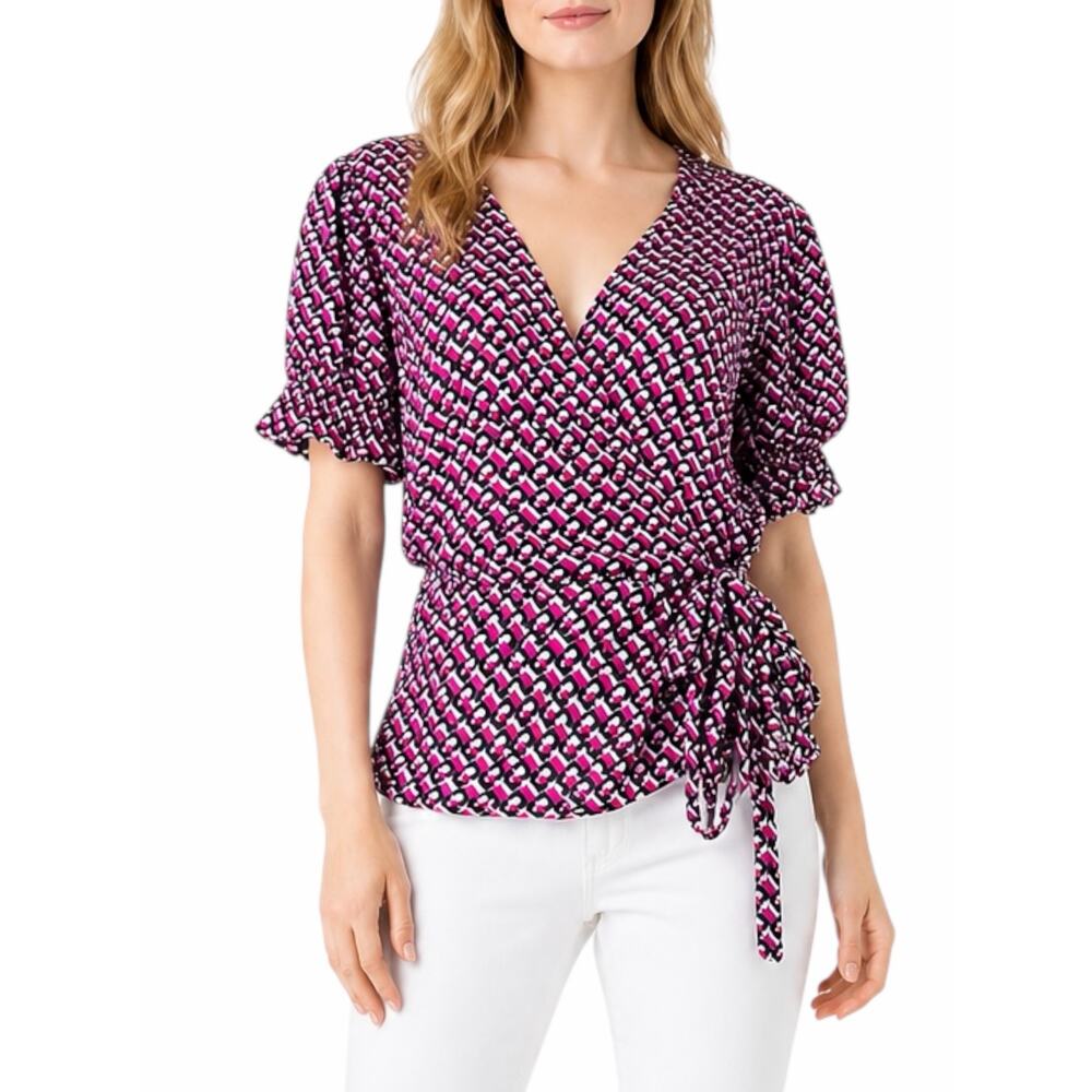 Diane von Furstenberg Emilia 3D Chain Printed Wrap Top Pink Size 16